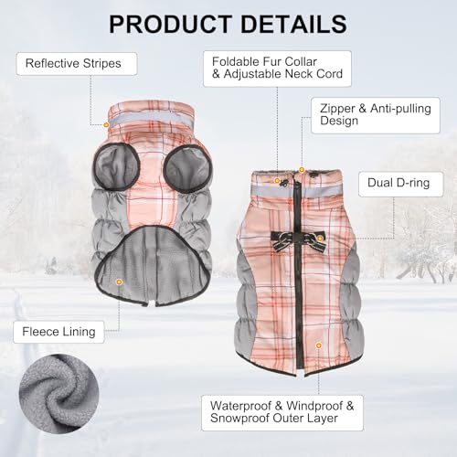 BEAUTYZOO Dog Winter Coat with Harness Built in, Reflective Plaid Puffer Vest Waterproof for Small Dogs, Fleece Warm Puppy Zipped Jacket with D Ring, Pet Cold Weather Sweater Clothes, Brown S - color: Brown, size: Small