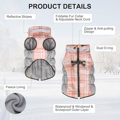 BEAUTYZOO Dog Winter Coat with Harness Built in, Reflective Plaid Puffer Vest Waterproof for Small Dogs, Fleece Warm Puppy Zipped Jacket with D Ring, Pet Cold Weather Sweater Clothes, Brown S - color: Brown, size: Small