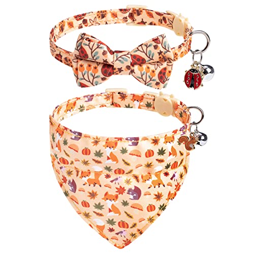 EXPAWLORER Fall Cat Collar Breakaway with Removable Bowtie and Bandana, Adjustable Holiday Cute Kitten Thanksgiving Collar with Bell, Ideal Festival Decoration Gift for Girl Boy Cats Puppies, 2 Pack - color: Thanksgiving