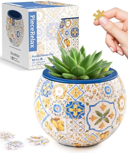 PieceRelax 3D Puzzle Planter - Retro Tiles - Danish Folklore Style, for Mom, Home Decor Flower Pots for Indoor Cactus, Succulents Pots [K1104] - color: Retro Tiles