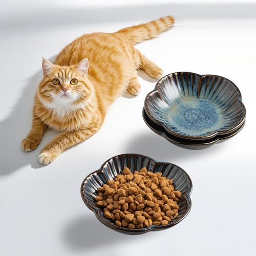Cat Food Bowls, Ceramic Pet Plates, Cat Dish for Food, Water and Snack, 4.72 Inch, Indoor and Outdoor Use, Kitten Puppy and Small Animals Bowls Set of 3 (Blue) - color: blue