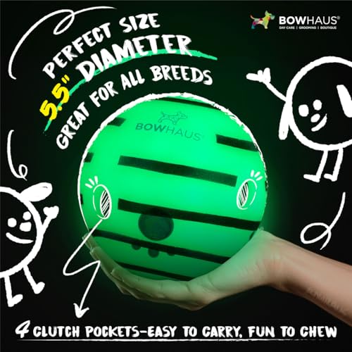 BOWHAUS Giggle Glow in The Dark Ball for Dogs, 5.5 Inch Interactive Dog Exercise Toys, Indestructible Fun Squeaky Chew Toy, Non-Toxic Durable PVC Chew Ball for Indoor Outdoor Play - style: Glowing Ball