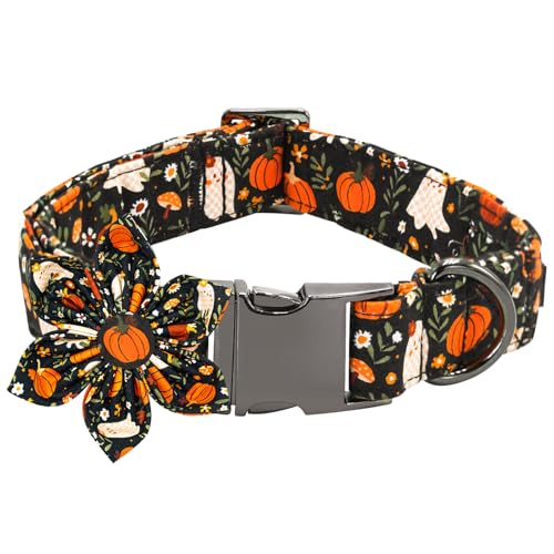 Halloween Dog Collar, Ghost Print Adjustable Pet Collar Fall Pumpkin Cute Cotton Soft Collars with Flower Tie Fall Metal Buckle Holiday Puppy Collars Boy&Girl Gift for X-Small Dogs - color: B:Ghost and Pumpkin, size: X-Small (Pack of 1)
