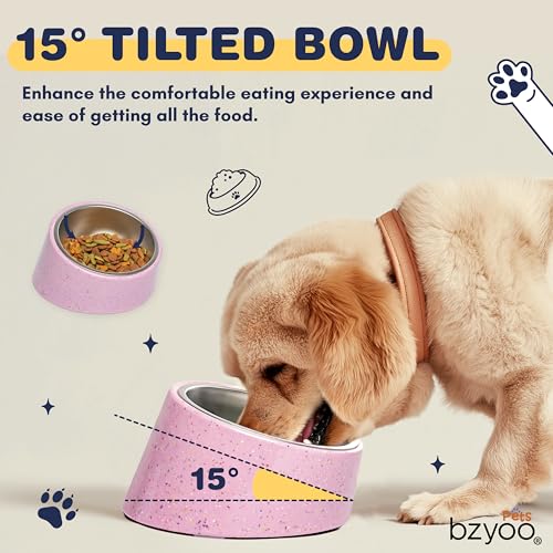 bzyoo 16oz Tilted Dog Bowl for Small Dogs & Cats, 15° Elevated Stainless Steel Pet Feeder, Ergonomic Anti-Vomiting Food Bowl for Frenchie, Pug, Persian Cat, Non-Skid Melamine Stand, Sprinkle (Pink) - color: Pink