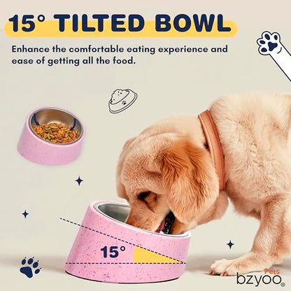 bzyoo 16oz Tilted Dog Bowl for Small Dogs & Cats, 15° Elevated Stainless Steel Pet Feeder, Ergonomic Anti-Vomiting Food Bowl for Frenchie, Pug, Persian Cat, Non-Skid Melamine Stand, Sprinkle (Pink) - color: Pink