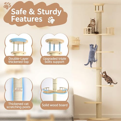 Floor to Ceiling Cat Tree, 22-in-1 Cat Wall Shelves with Multi-Level Cat Tower, Wood Cat Climbing Wall Systems for Indoor Cats, with Condo & Scratching Post, Cat Furniture Height (95-110")