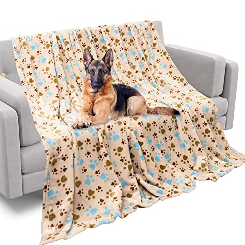Rezutan Dog Blankets for Large Dogs, Dog Cat Flannel Blankets Washable, Soft Pet Mat Throw Cover for Kennel Crate Bed, Cute Paw Pattern,Pet Blanket (Beige 60" x 80") - color: Beige, size: 80x60 inch
