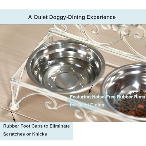 Iron Dog Cat Bowls Elevated - Dog or Cat Food and Water Dish Bowl Set - Raised Small Dog Cat Bowl Stand - Antique White
