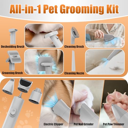 AIRROBO Dog Grooming Vacuum and Kit with Clipper Nail Trimmer Grinder, 12000Pa Pet Vacuum for Shedding Grooming, 2L Large Capacity Dog Hair Vacuum with 8 Pet Grooming Tools, PG100 Plus - color: Light Gray-8-in-1