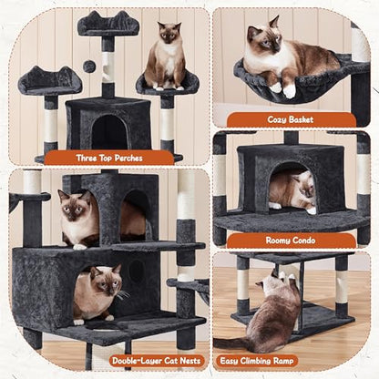 Yaheetech 76.5in Multi-Level Large Cat Tree, Big Cat Tower with 3 Condos, Cozy Plush Perches, 9 Sisal Scratching Posts and Ladder, Activity Center for Large Kitties, Black - color: Black