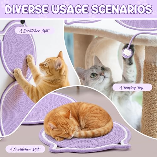 Shinylin 25.6 Inch Large Scratching Mat for Indoor Cats Natural Cotton Rope Flat Scratcher with Ear Hooks and Ball Toy Cat Scratch Rug Pad for Wall, Couch, Carpets, Sofas (Purple) - color: Purple
