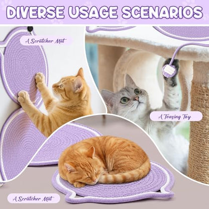 Shinylin 25.6 Inch Large Scratching Mat for Indoor Cats Natural Cotton Rope Flat Scratcher with Ear Hooks and Ball Toy Cat Scratch Rug Pad for Wall, Couch, Carpets, Sofas (Purple) - color: Purple