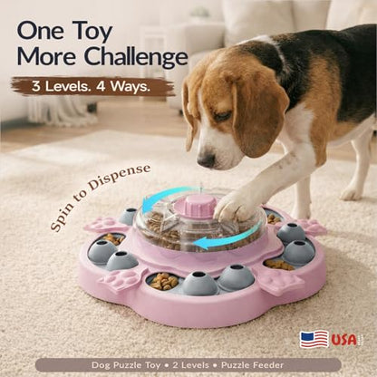 Dog Puzzle Toy, 3 Levels of Step-by-Step Challenge, Spin-to-Release Treat Dispenser, Slow Feeder & Mental Stimulation Enrichment Toy for Small Medium Large Dogs - color: Pink