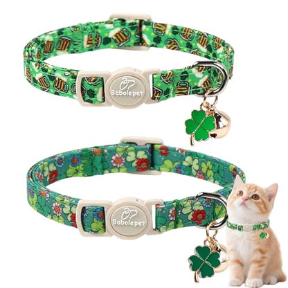 2 Pack St. Patrick’s Day Cat Collars - Breakaway Cat Collar with Bell, Green Clover Pendant, Adjustable Cute Kitten Collars for Boy Girl Cats, Beer&Flower Irish Shamrock - color: Beer&Flower Clover