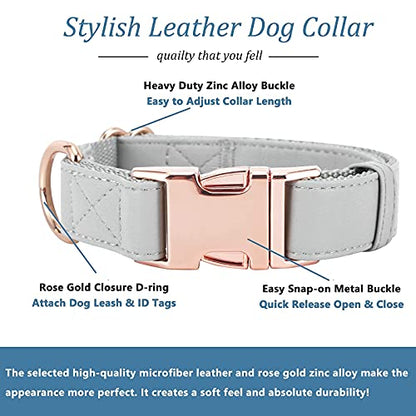 Dog Collar and Leash Set.Soft and Easy to Clean Vegan Leather with Rose Gold Metal Buckle for Small Medium Large Dogs (Grey, S(12.2"-16.9")) - color: Grey, size: S