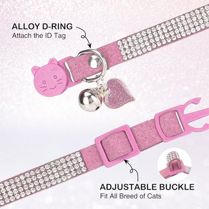 Rhinestone Cat Collar Breakaway with Bell, Diamond Cat Collar with Safety Buckle Quick Release for Girl Boy Kitten Pets Puppy,Cute Soft Female Male Cat Collars,Valentine's Day Pink 8-12" - color: Pink (1 Pack), size: 8"-12" Cats / Mini Dogs