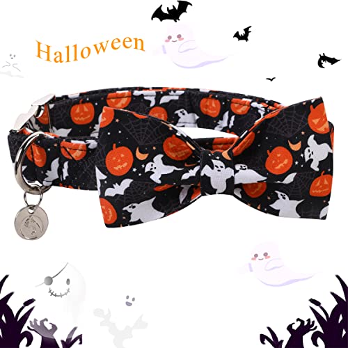 DOGWONG Halloween Black Ghost Dog Collar with Removable Cute Bow Tie Adjustable Pet Collars, Soft Comfy Halloween Themed Pet Collar, Fall Dog Collar for Small Medium Large Dogs - color: ghost collar bow, size: XS