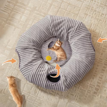 Large Cat Tunnel Bed for Indoor Cats,Cat Donut Tunnel Toy with Washable Circle Cushion,Blackout Tent, Multifunctional Playground Toys Hideplace for Kitty, Kitten, Rabbit,Ferret - size: 37.5"L x 37.5"W x 10"H