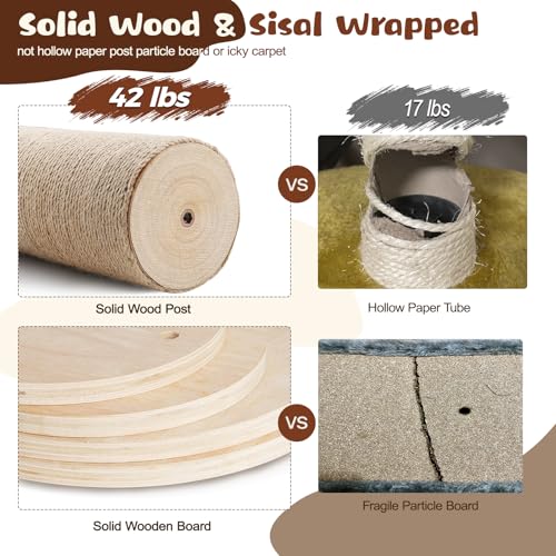 Solid Real Wood Floor to Ceiling Cat Tree, 5 Level Adjustable Height (75"-91"), Modern Climbing Tower with Thickened Wooden Sisal Scratching Posts & Cozy Bed for Indoor Cats Large Adult - size: 5 Level | 75-91 in(up to 7.6ft)