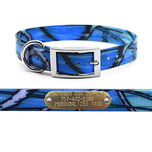 Outdoor Dog Supply 1" Blue Camo D-Ring Dog Collar with Custom 3/4" Brass Nameplate | Durable, Odor-Resistant, Adjustable for Medium & Large Dogs, USA-Made (18") - color: Blue Camo, size: 18" Long