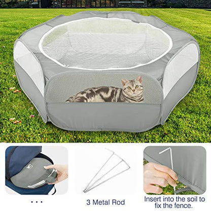 Pawaboo Small Animals Playpen, Waterproof Small Pet Cage Tent with Zippered Cover, Portable Outdoor Yard Fence with 3 Metal Rod for Chick/Kitten/Puppy/Guinea Pig/Rabbits/Hamster/Chinchillas,Light Gray - color: B-Gray