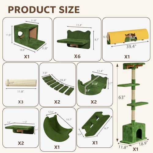Cat Wall Shelves with Cat Tree, 26-in-1 Wall Mounted Pet Furniture with 40''L Tunnel, Scratching Posts, House, Step and Floating Bridge, Cat Climbing Wall Systems with 63'' Cats Tower, Green - color: Green, size: 26-in-1