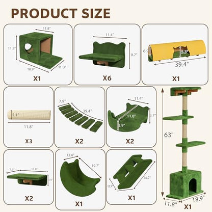 Cat Wall Shelves with Cat Tree, 26-in-1 Wall Mounted Pet Furniture with 40''L Tunnel, Scratching Posts, House, Step and Floating Bridge, Cat Climbing Wall Systems with 63'' Cats Tower, Green - color: Green, size: 26-in-1