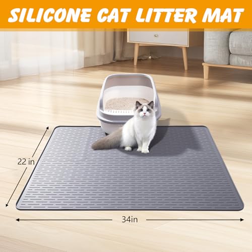Silicone Cat Litter Mat, 34x22 in Waterproof Litter Box Mat Cats Feeding Mats with Raised Edges, Quick Clean Desig (Grey) - size: 34"L x 22"W