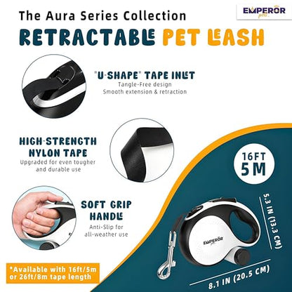 16 ft Retractable Dog Leash White - Heavy Duty Retractable Pet Leash with Anti-Slip Grip for Medium to Large Dogs up to 110 lbs -Aura BW16 - color: White, size: 16 ft