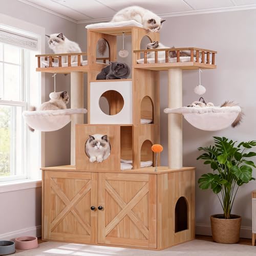 Heybly Cat Tree with Litter Box Enclosure for Indoor Big Cat, Cat Tower for Large Cats 20lbs Heavy Duty, Modern Cat Condo Furniture with Scratching Posts, Walnut HCT110WB - color: Walnut