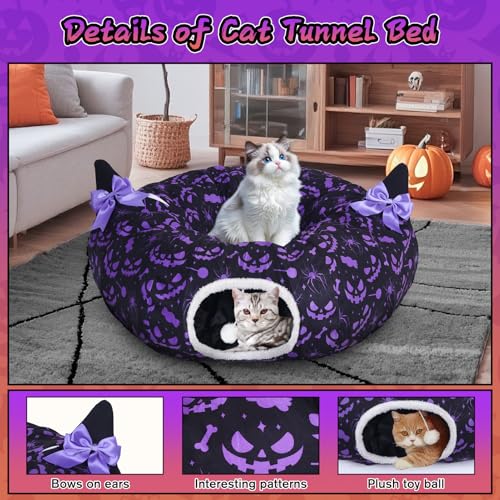 Tidjani Cat Tunnel Bed, Cat Tunnels for Indoor Cats, Foldable Cat Donut Bed with Washable Mat and Dangling Balls, Purple Bowknot, Ghost Spider Pattern Decor Pet Toys for Small Animals - style: Black Bow Ears