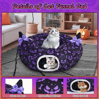 Tidjani Cat Tunnel Bed, Cat Tunnels for Indoor Cats, Foldable Cat Donut Bed with Washable Mat and Dangling Balls, Purple Bowknot, Ghost Spider Pattern Decor Pet Toys for Small Animals - style: Black Bow Ears