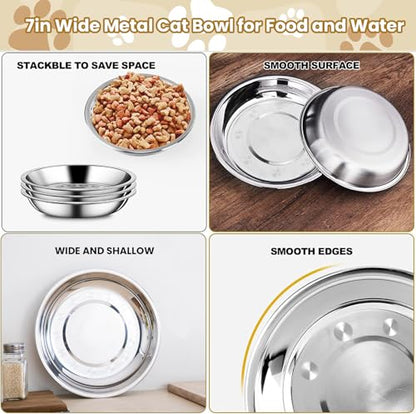 6 Pack Stainless Steel Cat Bowls, 7 inch Wide Metal Cat Bowl for Food and Water, Whisker Fatigue Friendly Shallow Cats Dishes for Indoor Kitten Puppy Dog