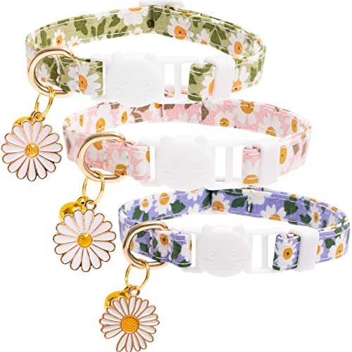 Faygarsle 3 Pack Cotton Safe Breakaway Cat Collars with Bell Daisy Charm Green Blue Pink Kitty Kitten Cute Cat Collars for Girl Cats Female Cats - color: Pink&Green&Blue3.0