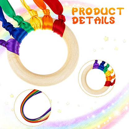 Sumind 6 Pcs Rainbow Ribbon Hand Kites Wands for Kids Dancer Streamer String Toy Thrown Waldorf Wand with Wooden Ring Wand Learning Educational(Vivid Colors) - style: Vivid Colors