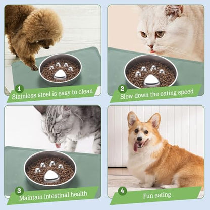 Stainless Steel Slow Feeder Dog Bowls – Non-Slip Metal Dog Bowl for Large & Medium Breeds, Puppy Puzzle Feeder – 2 Cup Capacity for Small to Big Pets – Durable Slow Feed Dog & Cat Food Dish with Mat - color: Paw With Mat