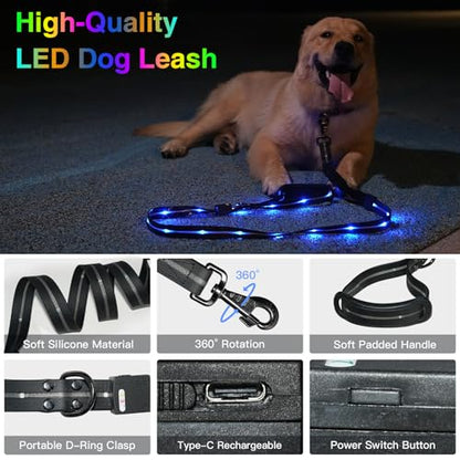hamraba 5 Ft Light Up Dog Leash, 10 Lighting Modes LED Dog Leash for Night Walking, Rechargeable with Padded Handle, Safety Glow in The Dark, for Small Medium Large Dogs