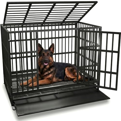 Oranland 48 Inch Heavy Duty Indestructible Dog Crate,Escape-Proof Dog Cage for High Anxiety Dogs,XL Dog Crate for Large Dogs with Sturdy Locks,Double Door,Removable Wire Tray and Wheels - color: Black/48 inch