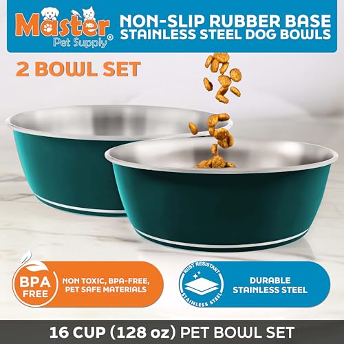 Master Pet Supply Stainless Steel Dog Bowls Set of 2 (128 Oz Each) with Non-Slip Rubber Base - Emerald Sea - Basic Dog Food Bowl Water & Food Bowls for Small Medium Large Dogs & Cats, Metal Dish - color: Emerald Sea, size: 16 Cups (128 oz) 2 Pack