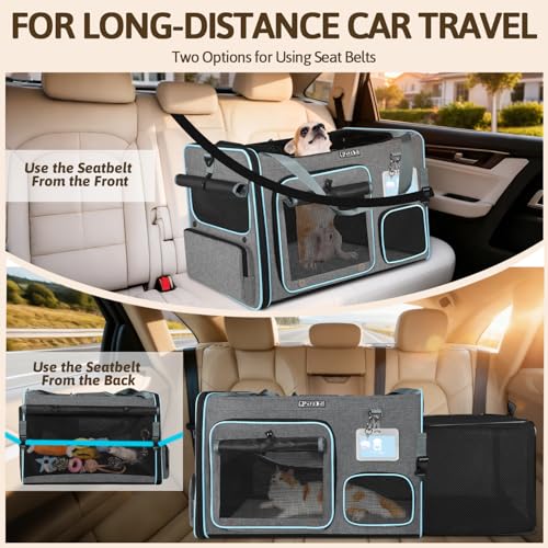 Petskd Side Expandable Extra Large Cat Car Carrier with Collapsible Litter Box for Long Distance Travel,24"x17"x17" Portable Soft Sided Pet Carrier with Roller Shades for 2 Cats Up to 55LBS(Grey) - color: grey