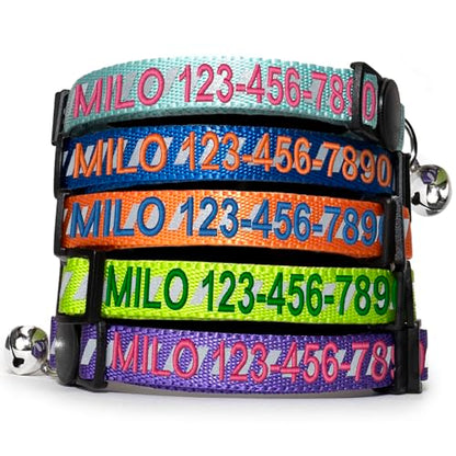 Pawtitas Personalized Teal Reflective Cat Collar – Adjustable Custom Collar with Safety Buckle, Removable Bell, and Engraved Name & Phone Number for Kittens and Adult Cats - color: Personalized Teal