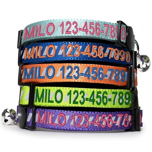 Pawtitas Personalized Teal Reflective Cat Collar – Adjustable Custom Collar with Safety Buckle, Removable Bell, and Engraved Name & Phone Number for Kittens and Adult Cats - color: Personalized Teal