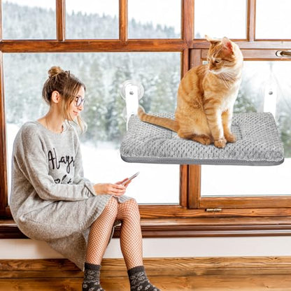 Beeveer 2 Pcs Cat Window Perch Hammock with 2 Pcs Blanket Cushion Cover and 8 Strong Suction Cups, Sturdy Metal Frame, Window Bed for Large Cats, 12 x 20.5 Inch