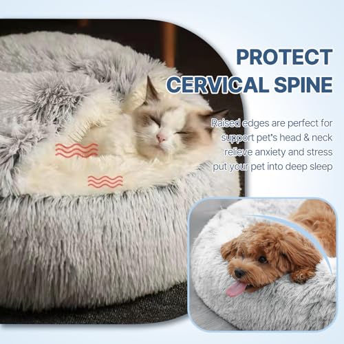 SUOXU Cat Beds for Indoor Cats,Plush Hooded Cat Cave for Puppy Kitty Small Dog Bed,Removable Washable Non-Slip Bottom Self Warming Round Fluffy Faux Fur Super Soft Calming Sleeping Pet Bed(Gray) - color: Grey