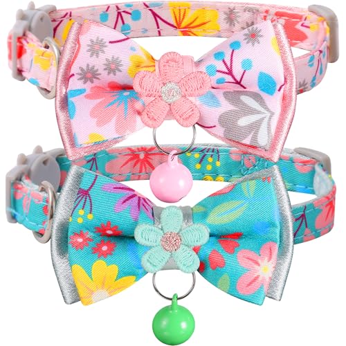 Cat Collar Breakaway, HYQHYX Floral Kitten Collar with Bell, Cute Cat Collar with Bow for Girl Boy Removable Bowtie (Pink + Green) - color: Pink + Green