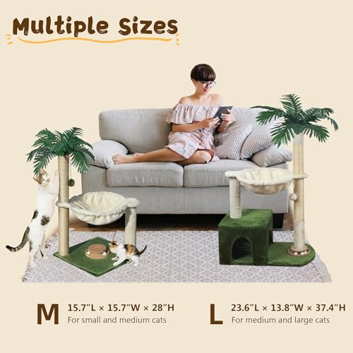Fantasreen Cat Tree 38" Cat Tower with Large Hammock Metal, Cat Scratching Post for Indoor Cats with Condo, Cat Playground Track Balls and Bouncy Ball, Green and White