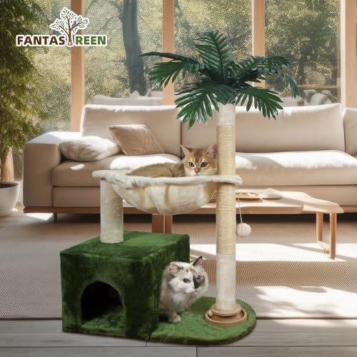 Fantasreen Cat Tree 38" Cat Tower with Large Hammock Metal, Cat Scratching Post for Indoor Cats with Condo, Cat Playground Track Balls and Bouncy Ball, Green and White