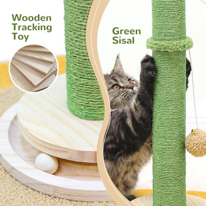 Globlazer Tall Scratching Post for Cats, Cactus Cat Scratching Post Cat Scratcher Cute Sisal Large Cat Scratching Post with Modern Wooden Ball Tracking Interactive Toys, SC30