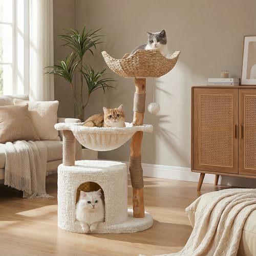 MUTTROS Modern Cat Tree for Large Cats, Wood Cat Tower for Indoor Cats, Real Branch Luxury Cat Furniture with Super Large Cozy Condo and Hammock & Scratching Post, Top Basket, White - color: Cloud White, size: 40" Solid Wood Cat Tree