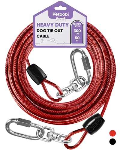 Petbobi Heavy-Duty Dog Tie-Out Cable - 50FT Extra Strong Wire Cable for Large Pets Up to 300Lbs, Rust Proof Dogs Leash with Carabiners and 360° Swivel, Pet Leads for Yard Camping Outside, Red - color: Red, size: 50FT
